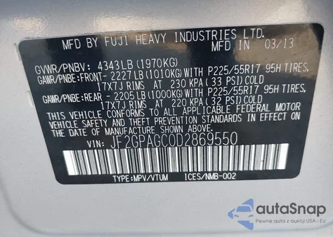 2013 Subaru Xv Crosstrek 2.0I Limited z USA, uszkodzony, nr VIN JF2GPAGC0D2869550